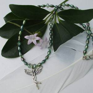 Goddess Fairy Pendant, Green Pearls with sparkling faceted glass beads