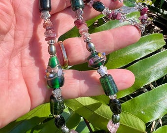 Green & Pink Tourmaline Sterling Silver Necklace, Faceted Gemstone Beads