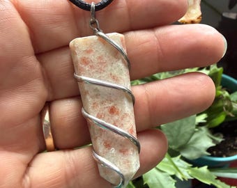 Sunstone Pendant, Spiral Wrapped in Silver, 2 Inches