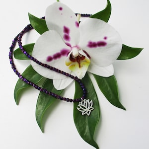 Purple Bead Choker: Silver Lotus Pendant Yoga Necklace