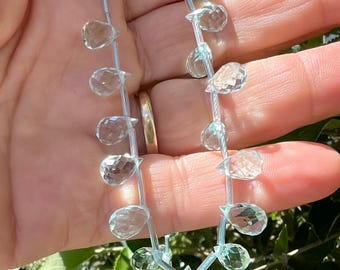 Blue Topaz Briolette Beads, Full Strand of 41 Beads— Faceted Teardrop Shape — Light Blue