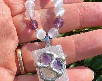 Selenite, Amethyst Necklace with Amethyst and Rutilated Quartz Pendant