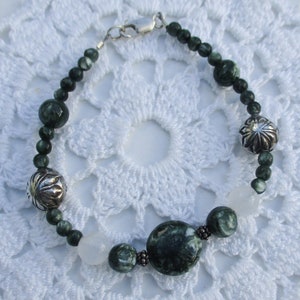 Seraphinite and Selenite Gemstone Bracelet with Silver Beads