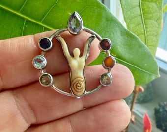 Vintage Chakra Bone Goddess Pendant with Faceted Gemstones