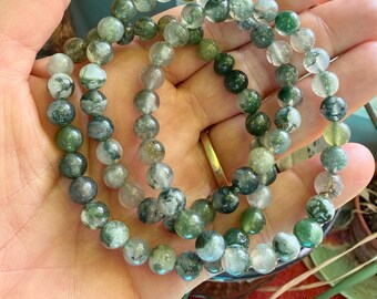 Moss Agate Stretch Bracelets, 6 mm,  For Renewal, Balance, Earth Connection