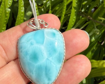 Larimar pendant Wrapped in Sterling Silver Wire, Large Natural Stone – 2 Inches – Open‑Back Design