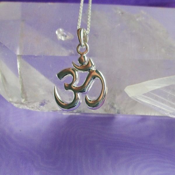 Shiny Silver OM Pendant with 20 inch sterling silver chain, OM Yoga Necklace