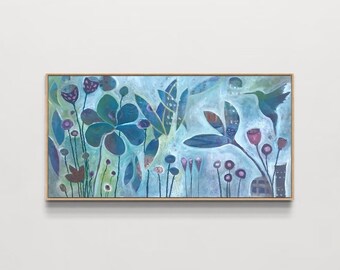 Large Hummingbird Painting, Garden with Humming Bird, Abstract Bird Painting , Sofa Painting, Intuitive Painting, 24" x 48"