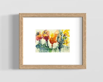 Watercolor Flowers in a Garden, Abstract Floral Painting, Expressive, Playful Painting 4”x6”