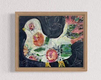 Bird Painting, Abstract Bird, Whimsical Bird Art, Original Painting Framed Floral Painting, Chicken Art