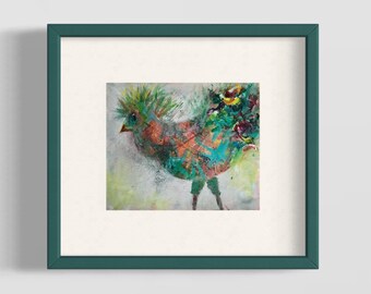 Colorful Abstract Bird Acrylic Painting, Abstract Rooster, Green and Orange Rooster