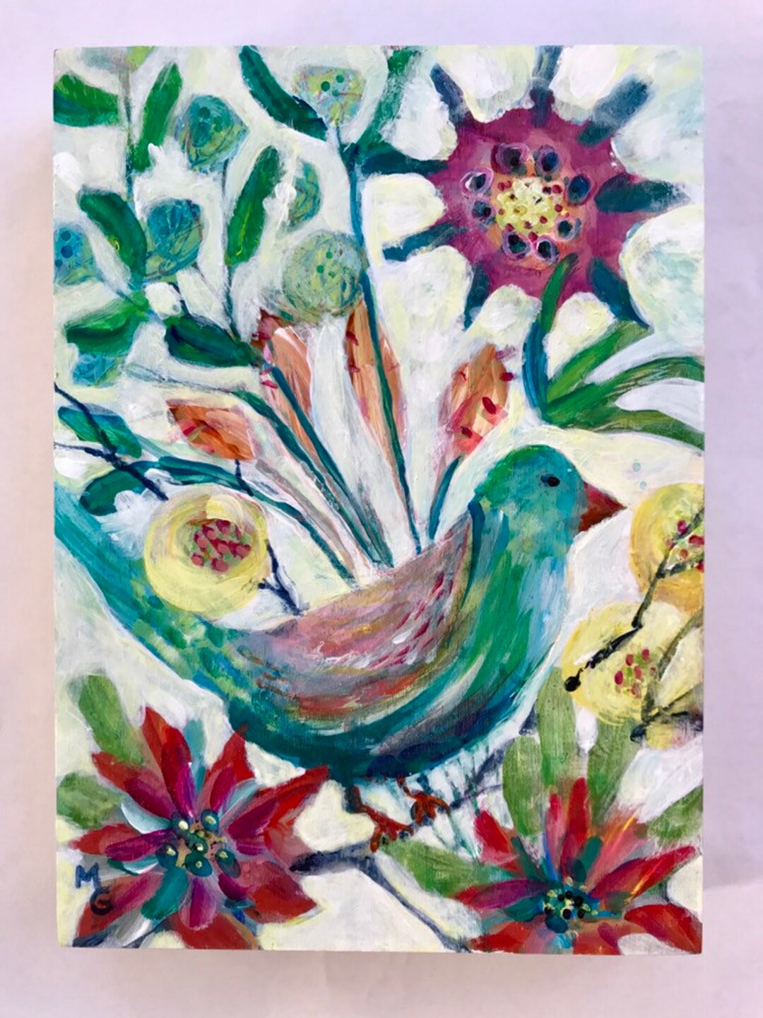 Colorful Bird With Florals, Abstract Bird Acrylic Painting - Etsy