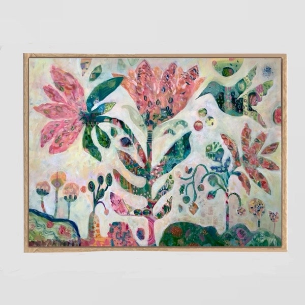 Large Folk Art Painting, Abstract Flower Painting, Humming Bird Art, Pink, Green Art, Joyful Art, Sofa Painting 36”x48”, Large Wall Art