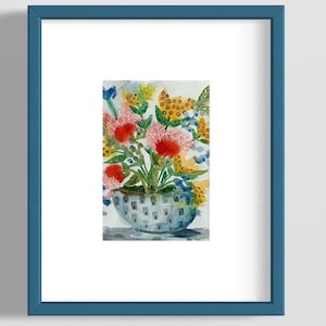 Watercolor Flowers in Vase. Planter, Still Life Floral Painting, Expressive Painting, Colorful Painting, Playful Painting 4”x6”