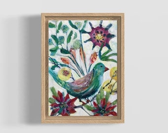 Colorful Bird with Florals, Abstract Bird Acrylic Painting