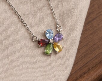 Multi Gemstone Necklace | Gold Plated 925 Silver | Garnet, Amethyst, Blue Topaz, Citrine, Peridot | Colorful Birthstone Jewelry Gift for Her