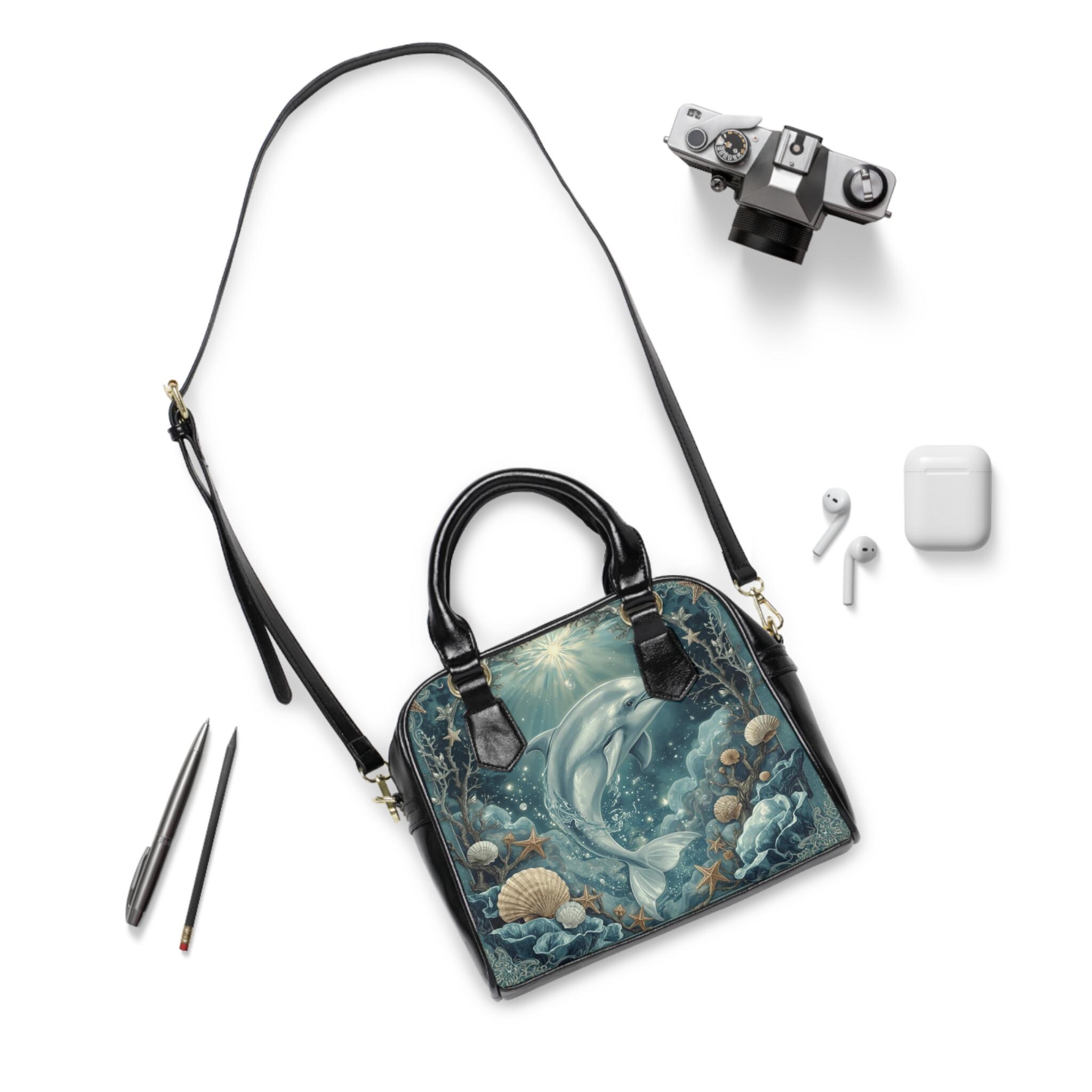 Celestial Dolphin of Moonlit Waves Shoulder Bag - Everyday Handbag