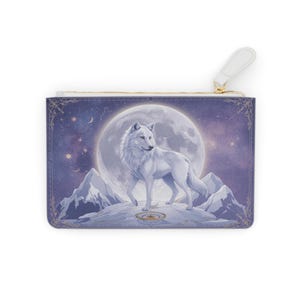 Mini bolsa clutch Moonlit Guardian Wolf of Celestial Journeys - Presente para garota viajante - Estilo Celestial Mystic