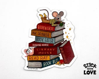 Book Lover Sticker, Library Mouse, Bookworm, Book Bug, Ink Drinker, Bibliophile, Reading Horse