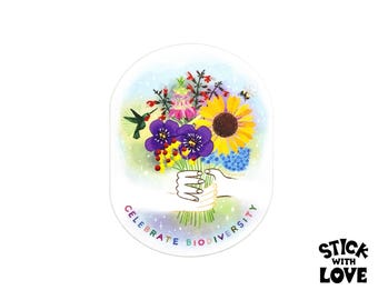 Celebrate Biodiversity Sticker featuring Native Wildflowers, Pollinators, Hummingbird