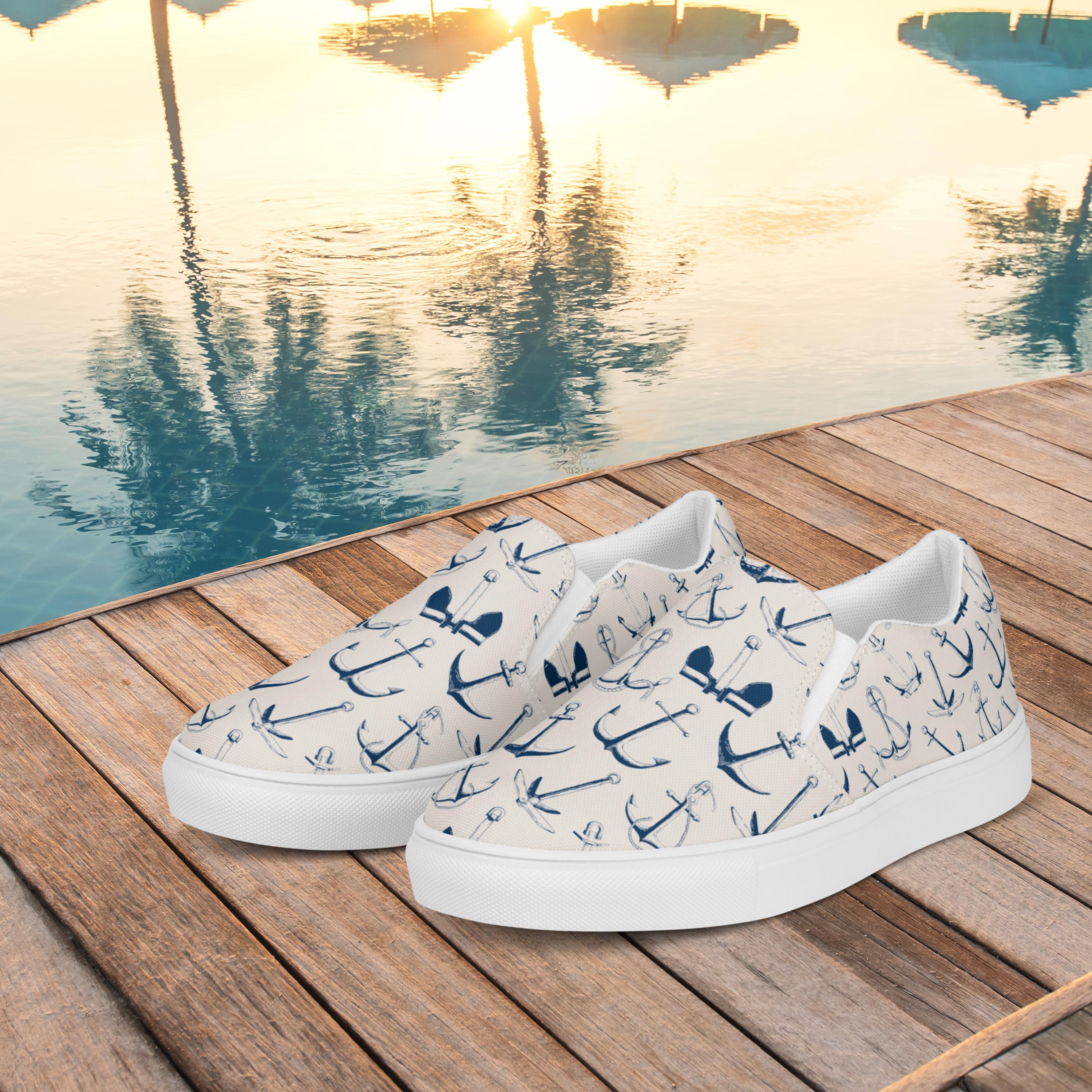 Canvas Anchor Slip on Sneakers Anchor Print Canvas Slip on Sneakers for Women – Beach Days  main image 2
