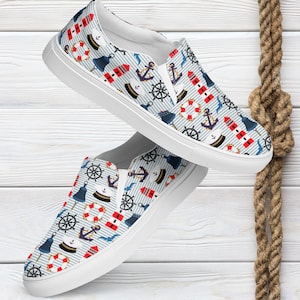 Coastal Chic Canvas Slip On Shoe - Nautical Inspired Sneakers for Her - Ocean Print Boat Shoes - Lighthouse and Maritime Design Casual Shoes