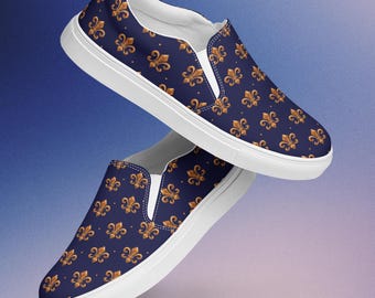 Fleur De Lis Slip On Shoes | Mens Navy Brown Canvas Sneakers | French Symbol Footwear | New Orleans Louisiana Style