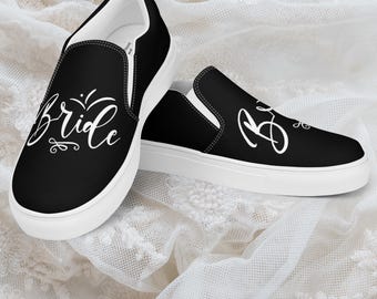 Black Bridal Slip On Shoes | Custom Wedding Trainer | Personalized Bride Footwear | Ceremony Reception Flats | Honeymoon Travel Idea