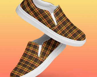 Brown Plaid Slip On Shoes | Mens Orange Canvas Sneakers | Yellow Checkered Print Footwear | Fall Casual Style