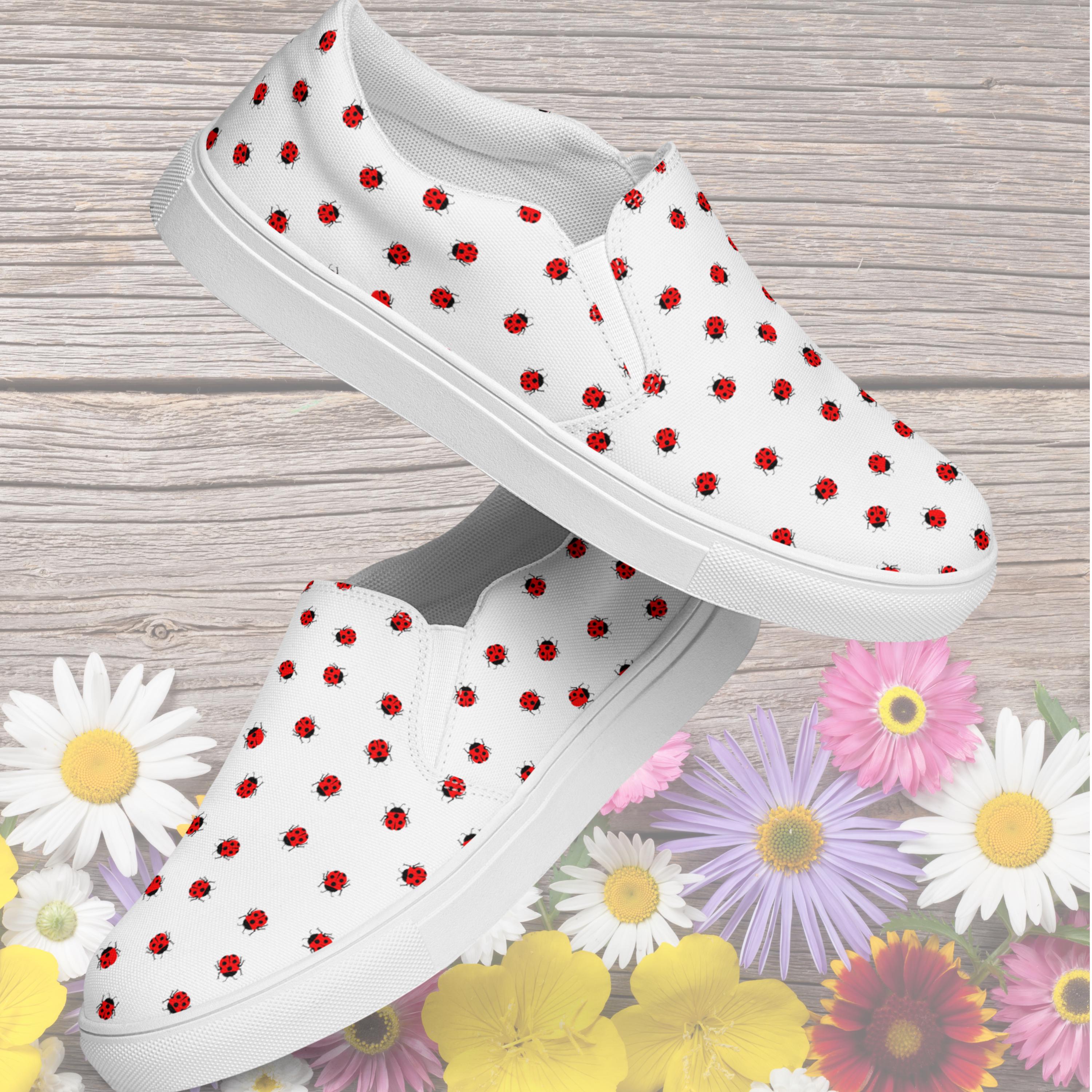 Cute Ladybug Slip On Shoes for Women | Whimsical Ladybug Print Canvas Sneakers | Garden Enthusiast Footwear | Red and Black Casual Shoes