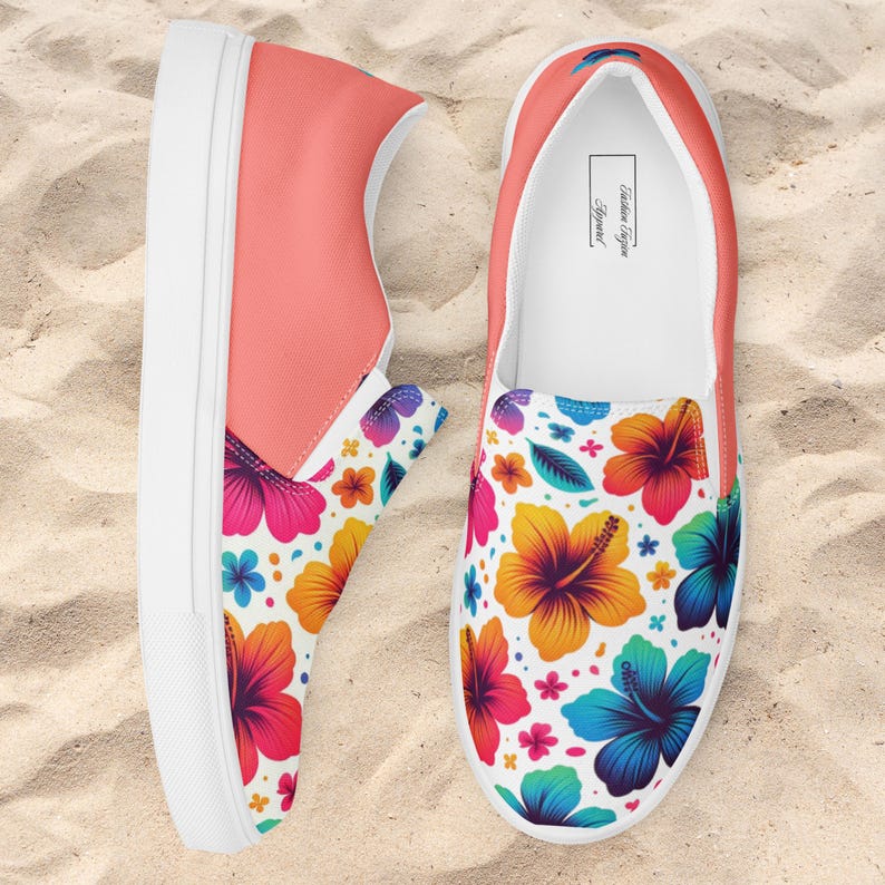 Tropische Slipper aus Canvas für Damen | Sommer-Sneaker mit Hibiskusblütenmuster | Bunte Strandschuhe | Leichte Urlaubsschuhe Bild 5