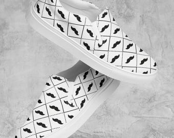 Mustache Slip On Canvas Shoes | Men Novelty Footwear | Black White Graphic Design | Comfortable Easy Wear Trainers