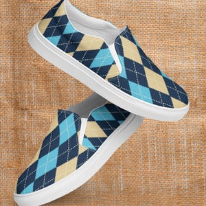 Blue Argyle Slip On Shoes for Women | Casual Canvas Sneakers with Diamond Print | Vans Style Vintage Fashion Sneakers
