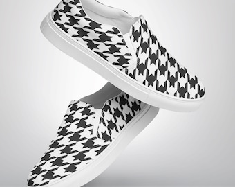 Damen-Slipper aus Canvas mit Hahnentrittmuster in Schwarz-Weiß | Stylische Flats im Vans-Stil | Bequeme, modische Freizeit-Sneaker