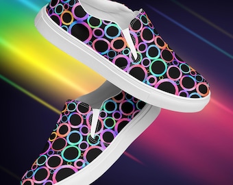 Żywe, wsuwane buty z nadrukiem w koła | Damskie, jasne, płócienne trampki | Zabawne, modne obuwie | Kolorowe, płaskie buty na co dzień