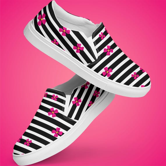 Striped Floral Slip on Shoes for Women – Pink Bloom Canvas  display picture 1