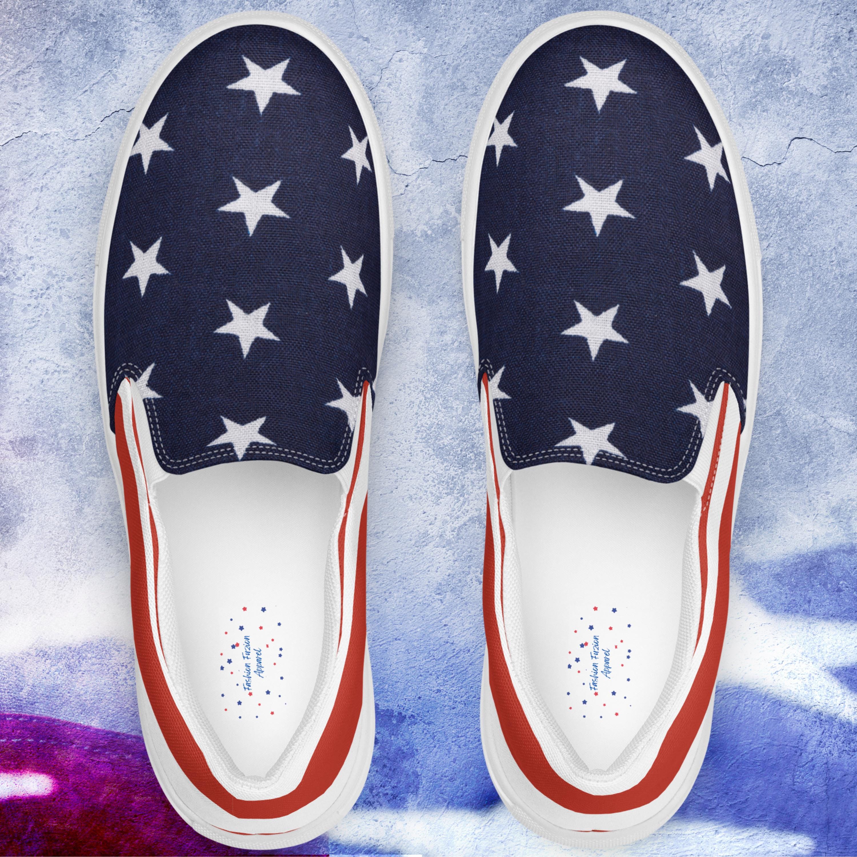 Mens Patriotic Slip on Shoes – USA Flag Sneakers, Red White 