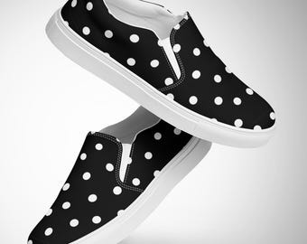 Black and White Polka Dot Womens Slip On Shoes, Canvas Sneakers for Women, Casual Comfortable Lightweight Shoes, Trendy Polka Dotted Sneaker
