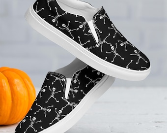 Black and White Skeleton Slip On Shoes | Womens Halloween Canvas Sneakers | Spooky Fall Footwear