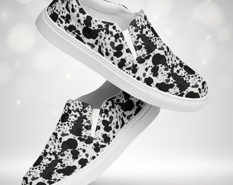 Cow Print Slip On Shoes | Womens Black White Canvas Sneakers | Spotted Pattern Footwear | Western Farmhouse Casual Style