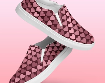 Roze instapschoenen met ombre hart | Canvassneakers dames | Bordeauxrood ontwerp | Comfortabele vrijetijdsschoenen | Valentijnscadeau