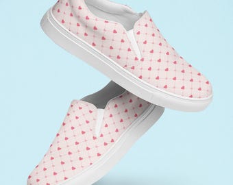 Instapschoenen met hartprint voor dames, roze canvas sneakers, Valentijnsdagschoenen, casual damesschoen