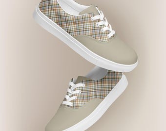 Plaid Tartan Design Canvas Shoes for Women, Neutral Lace Up Sneakers, Crisscross Pattern, Lightweight Casual Footwear