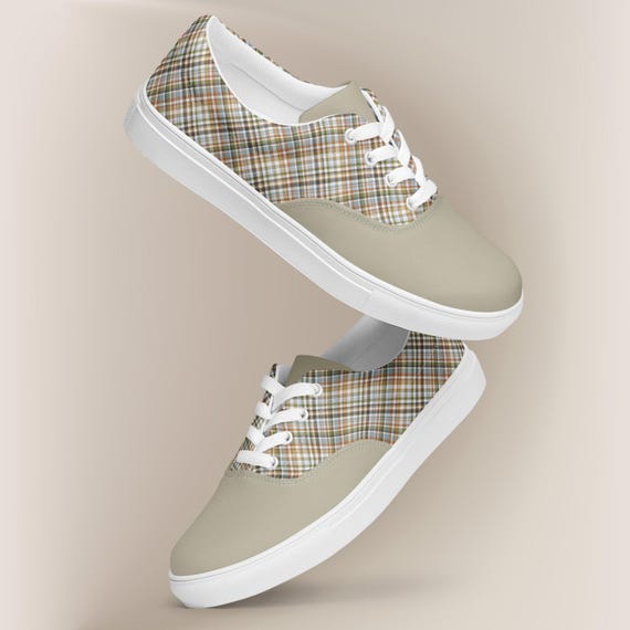 Plaid Tartan Design Canvas Shoes for Women, Neutral Lace up