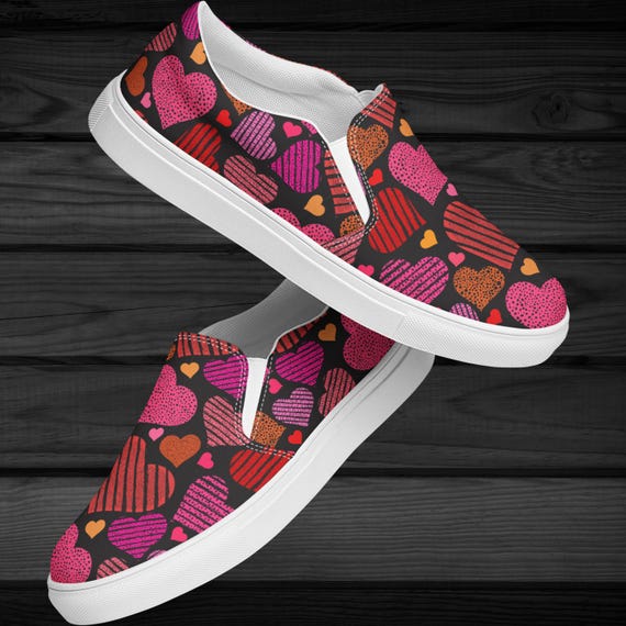 Colorful Heart Pattern Slip on Shoes for Women – Fun Canvas