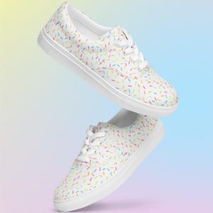 Lace Up Canvas Shoe Womens Rainbow Sprinkle Sneakers - Confetti Donut Cupcake Tennis Shoes - Casual Sweet Treat Shoes for Everyday Wear