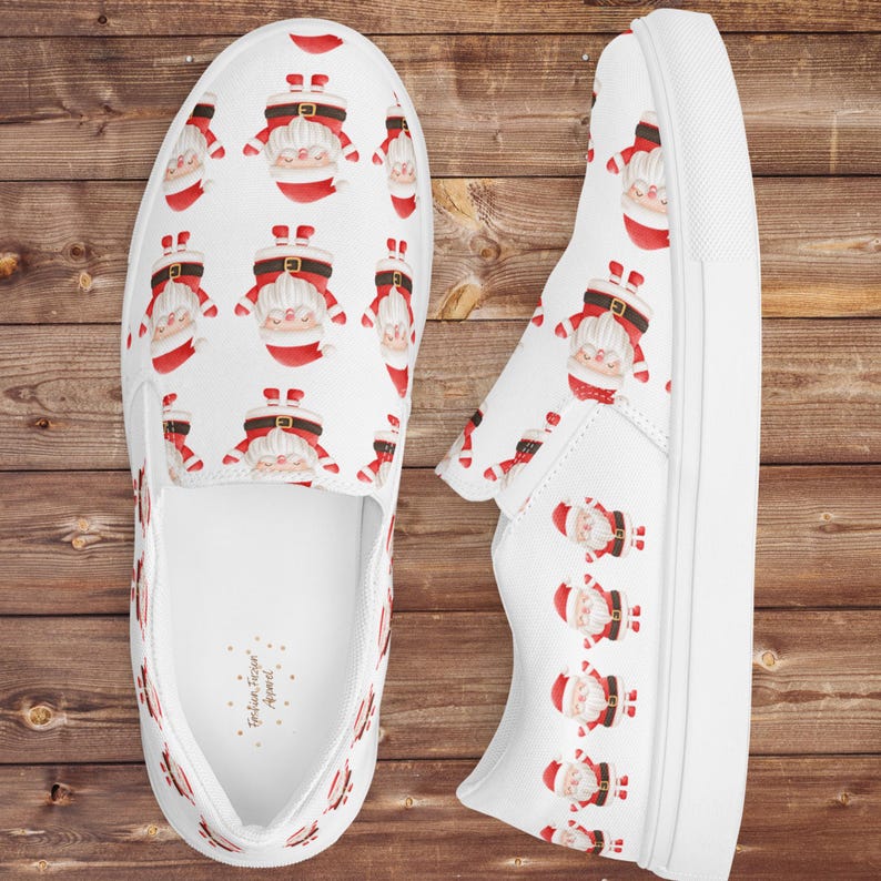 Tênis Slip On Feminino com Estampa de Papai Noel, Tênis de Lona com Estampa Natalina, Calçado Festivo para as Festas, Presente de Inverno, Moda Alegre para a Temporada imagem 2