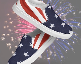 Fun Festive USA Patriotic Slip On Shoes | Womens Canvas Sneakers with Stars and Stripes | 4th of July Sneakers | American Flag Footwear