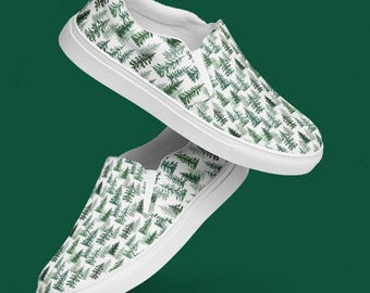 Evergreen Pine Slip On Shoes Women, Forest Canvas Walking Sneakers, Comfortable Nature Inspired Footwear, Woodland Style