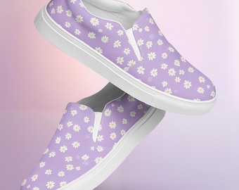 Zapatos sin cordones con margaritas de lavanda / Zapatillas de lona con estampado floral para mujer / Zapatos planos ligeros para primavera y verano / Comodidad informal para el día a día